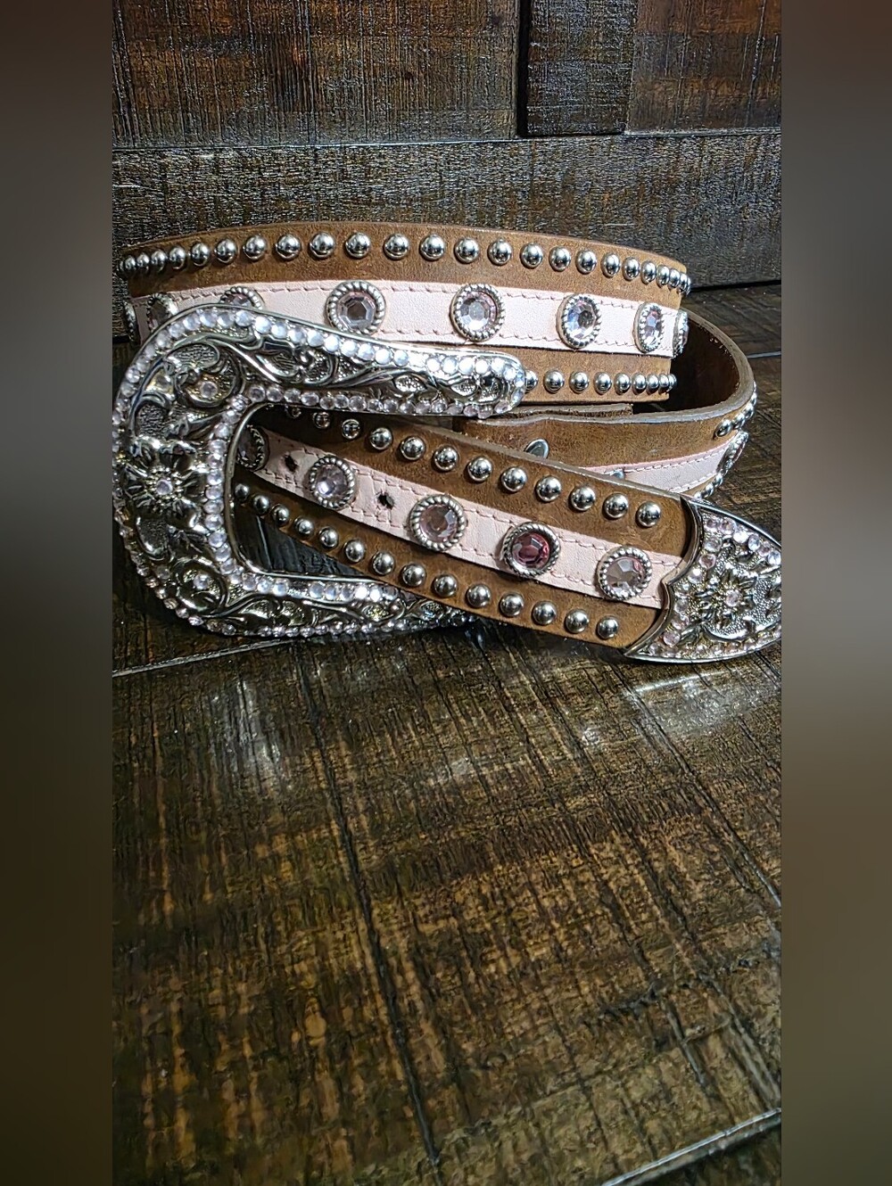 Leather Blingy Pink Rhinestone Studded Floral Buckle Cowgirl Belt XL